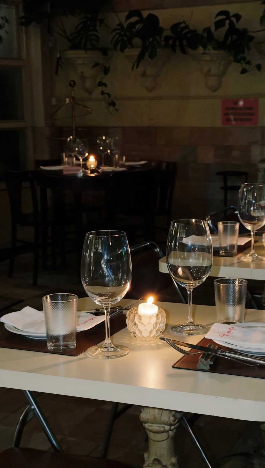 Salão do Muquifo à luz de velas: mesa posta com taças de vinho, copos de vidro e uma vela acesa num castiçal de vidro.